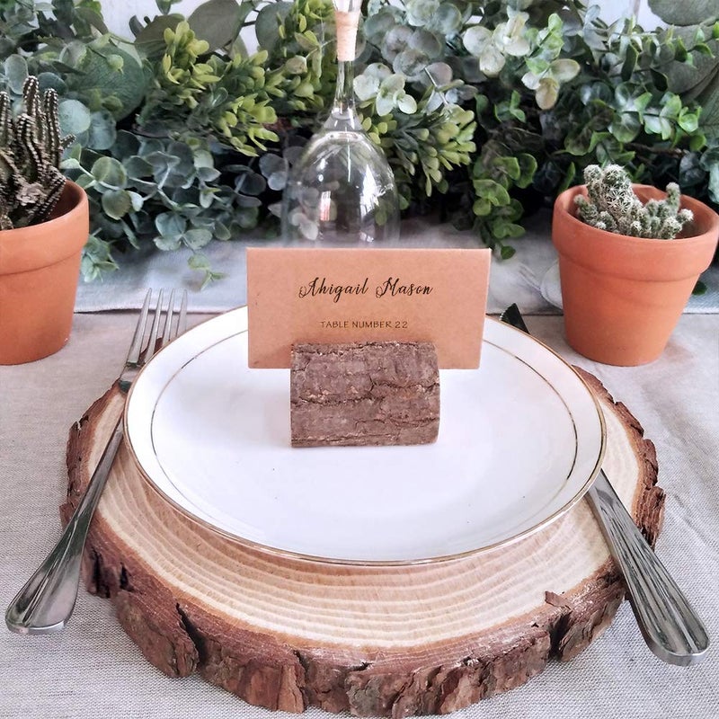 Supla 20 Pcs Rustic Wood Place Card Holders Wooden Table Numbers Holder Stand Wooden Bark Memo Holder Card Photo Picture Note Clip Holders and Kraft Place Cards Bulk Wedding Party Table Number Sign - Image 3